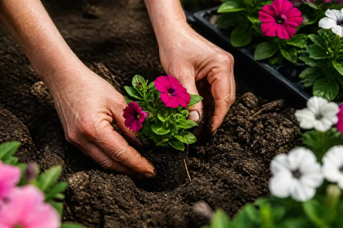 Mains plantant jeunes fleurs dans terre humide brune