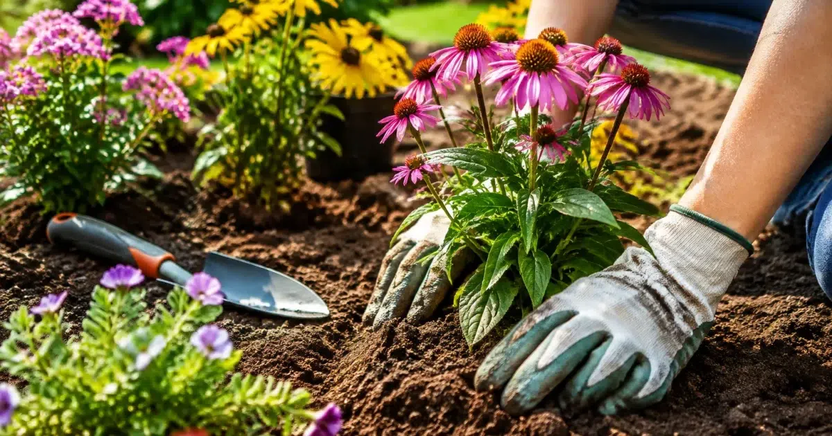 Mains plantant fleurs vivaces colorees dans terre chaude jardinage