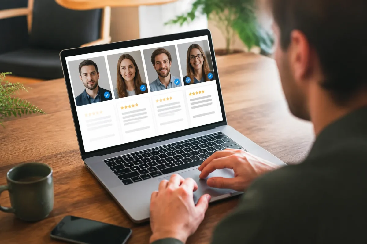 Personne utilisant laptop avec profils verifies et avis clients affiches