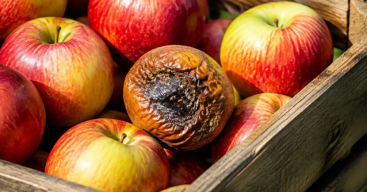 Pomme pourrie posée sur des fruits sains dans une caisse en bois