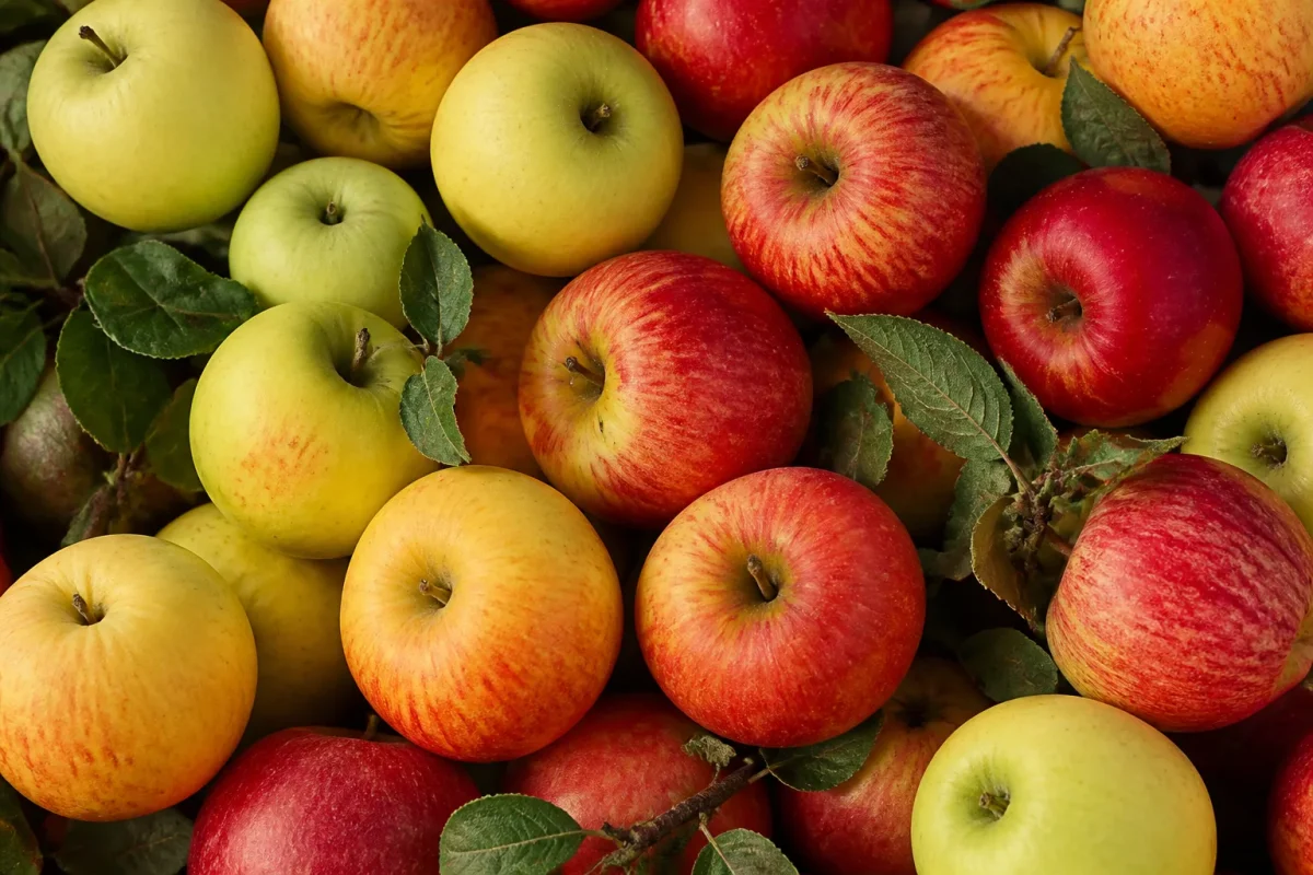 Pommes jaunes et rouges a differents stades de maturite