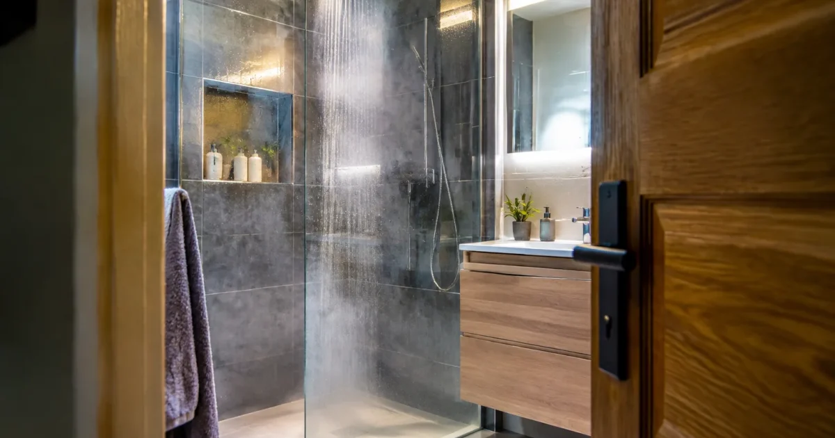 Porte ouverte salle bain carrelage humide vapeur