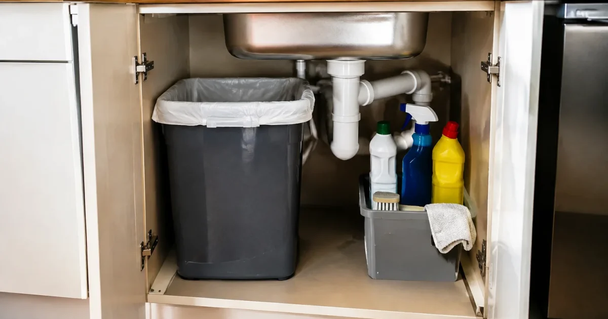 Poubelle plastique placee sous evier cuisine ouvert