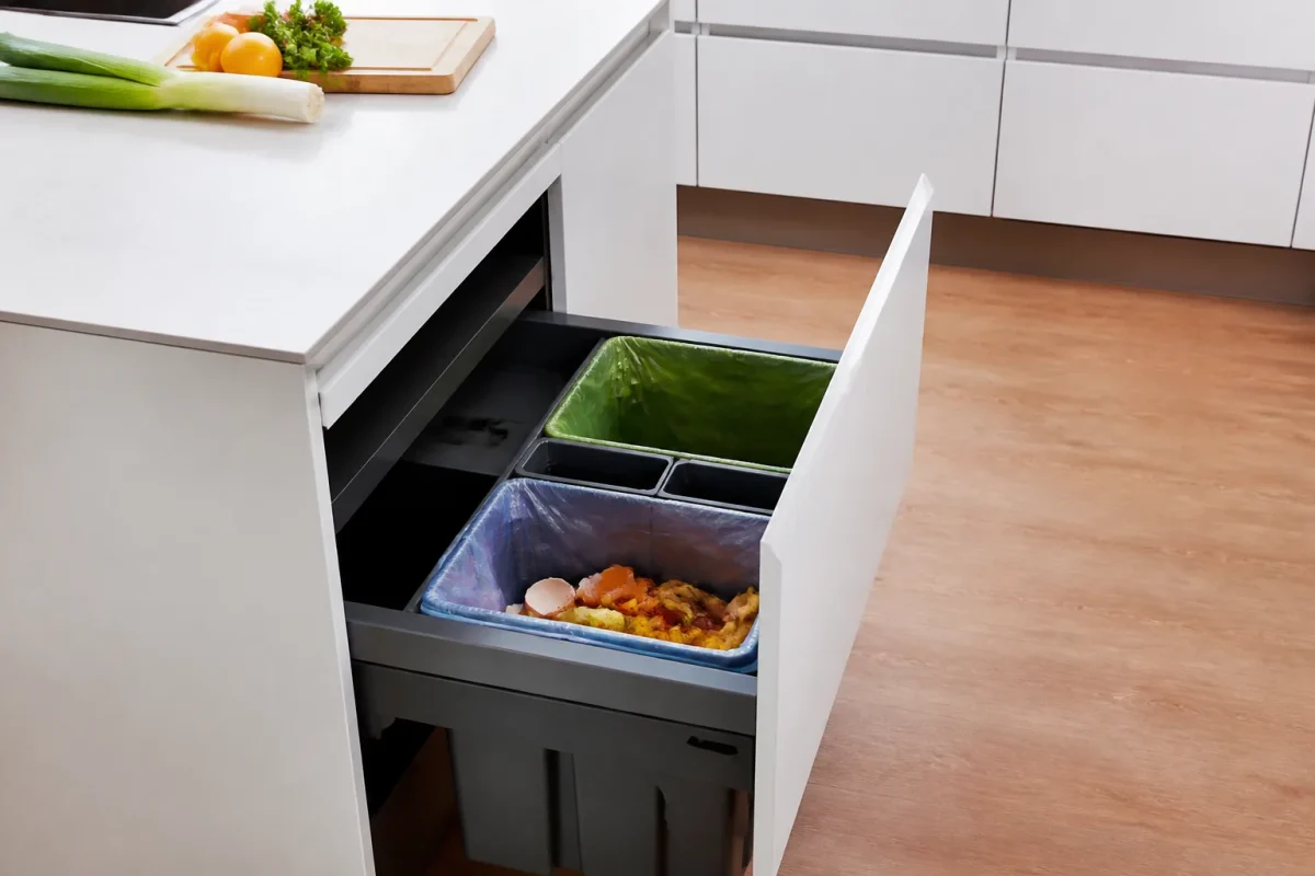 Poubelle intégrée sous plan travail cuisine moderne blanc