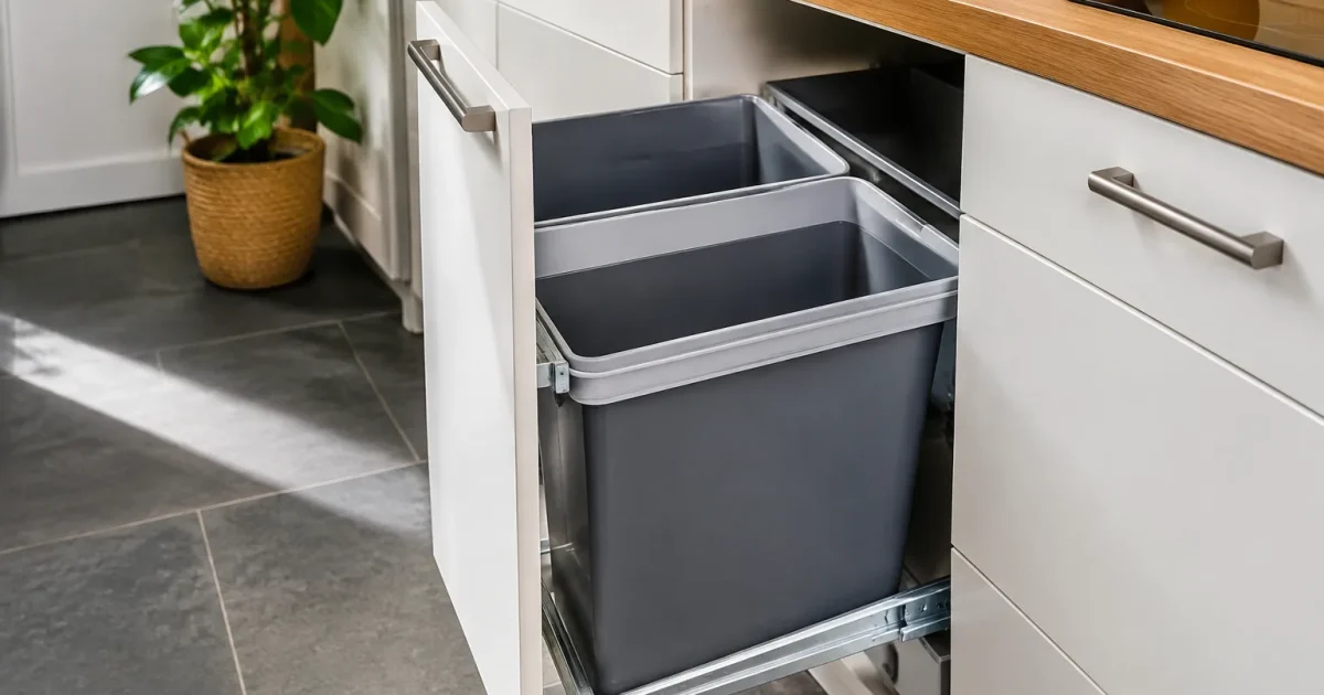 Poubelle coulissante fixee sous le plan de travail de cuisine