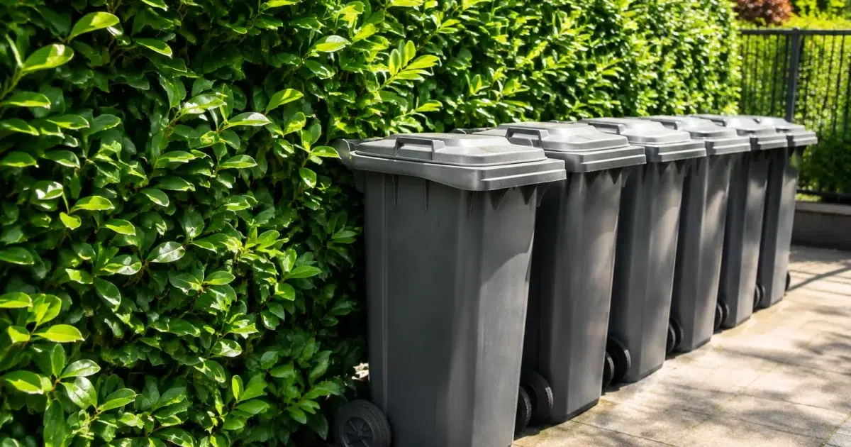 Poubelles grises alignees derriere une haie verte dense