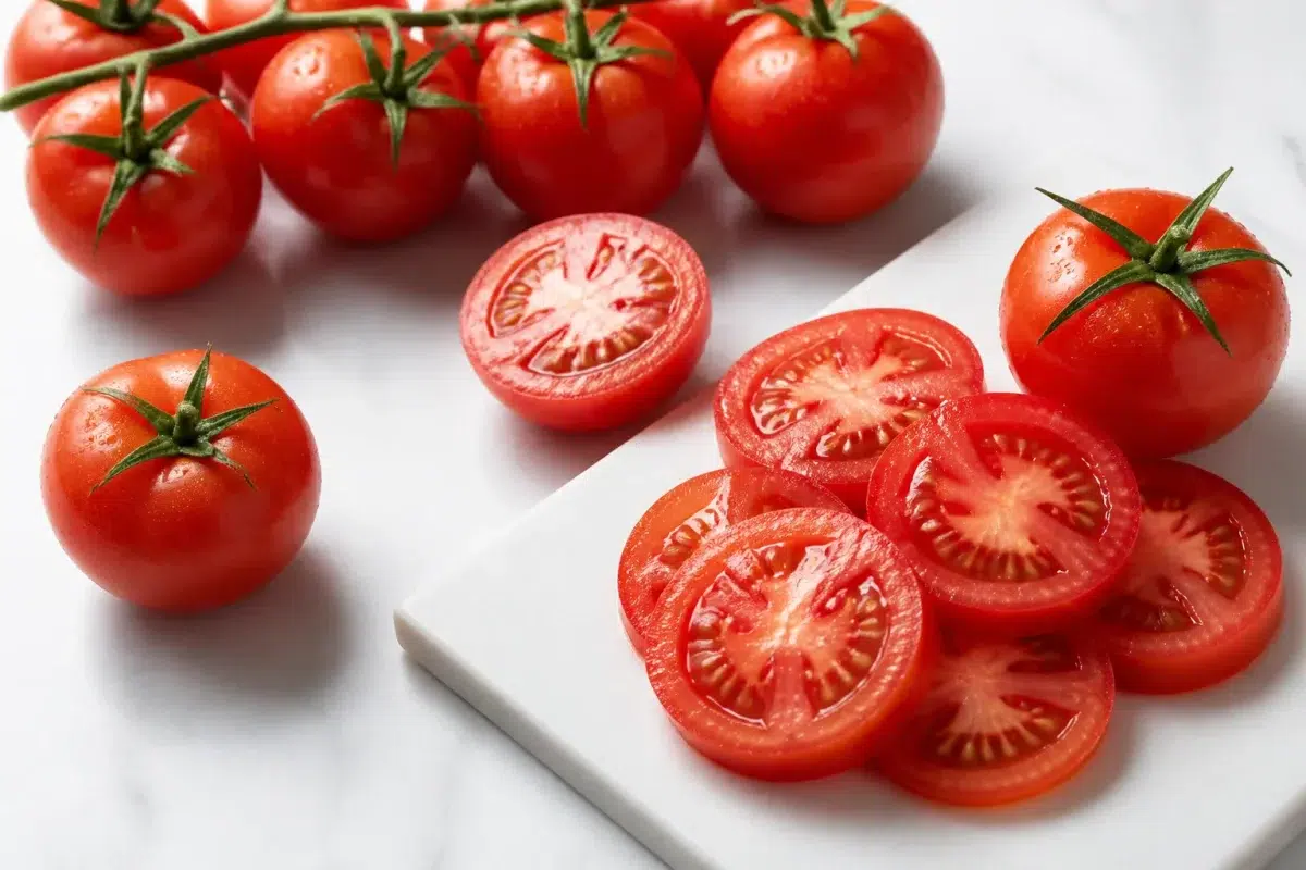 Tomates rouges fraîches préparées sur plan de travail blanc
