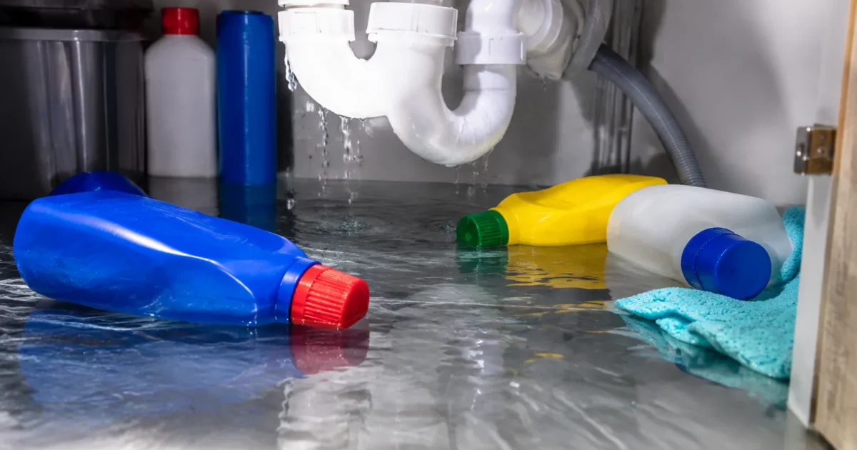 Bouteilles de nettoyage posees horizontalement sous evier inonde