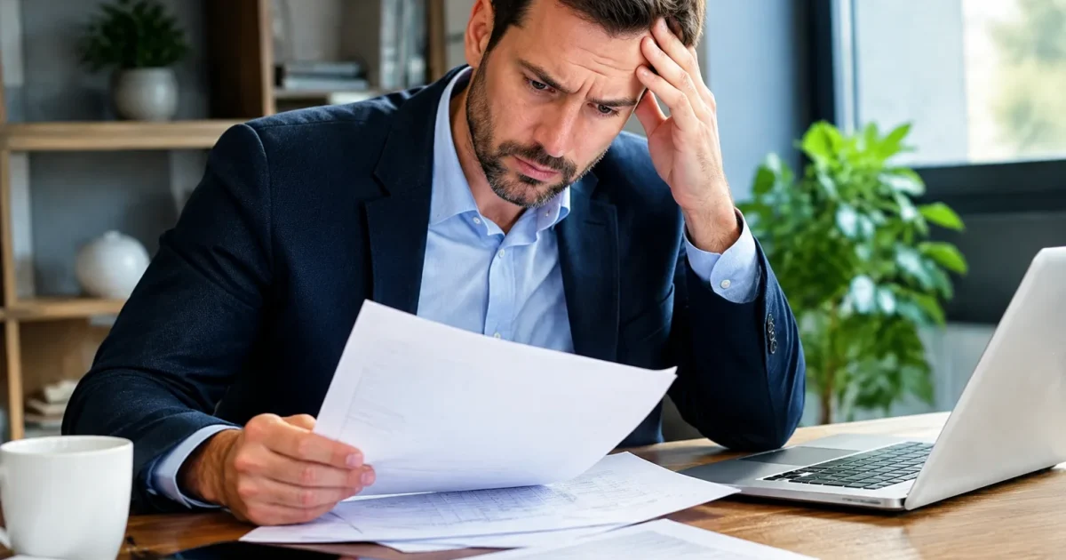 Proprietaire consultant document loyer assis a bureau inquiet