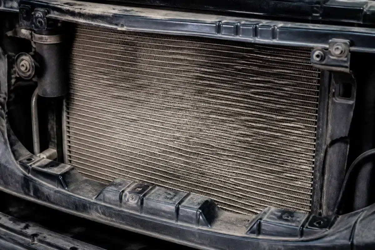 Radiateur encrassé avec couche grise poudreuse sur ailettes