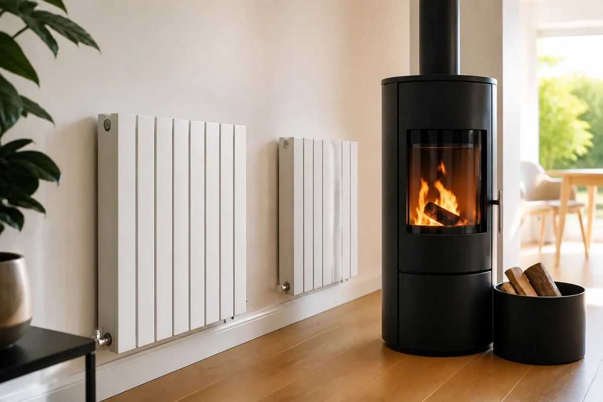 Radiateurs metalliques blancs et poele moderne