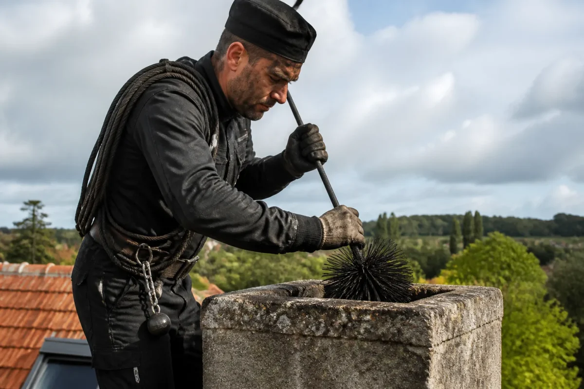 Ramoneur nettoie conduit cheminée avec brosse metallique