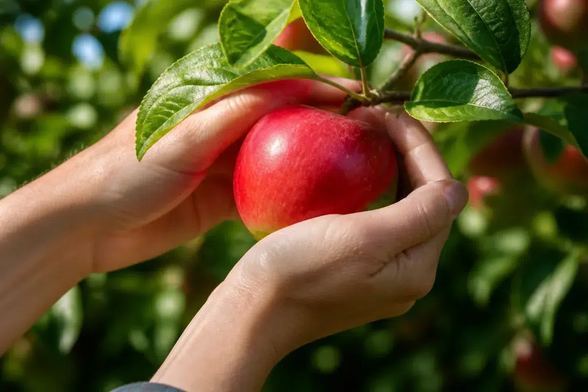 Mains cueillant délicatement pomme rouge sans meurtrir fruit