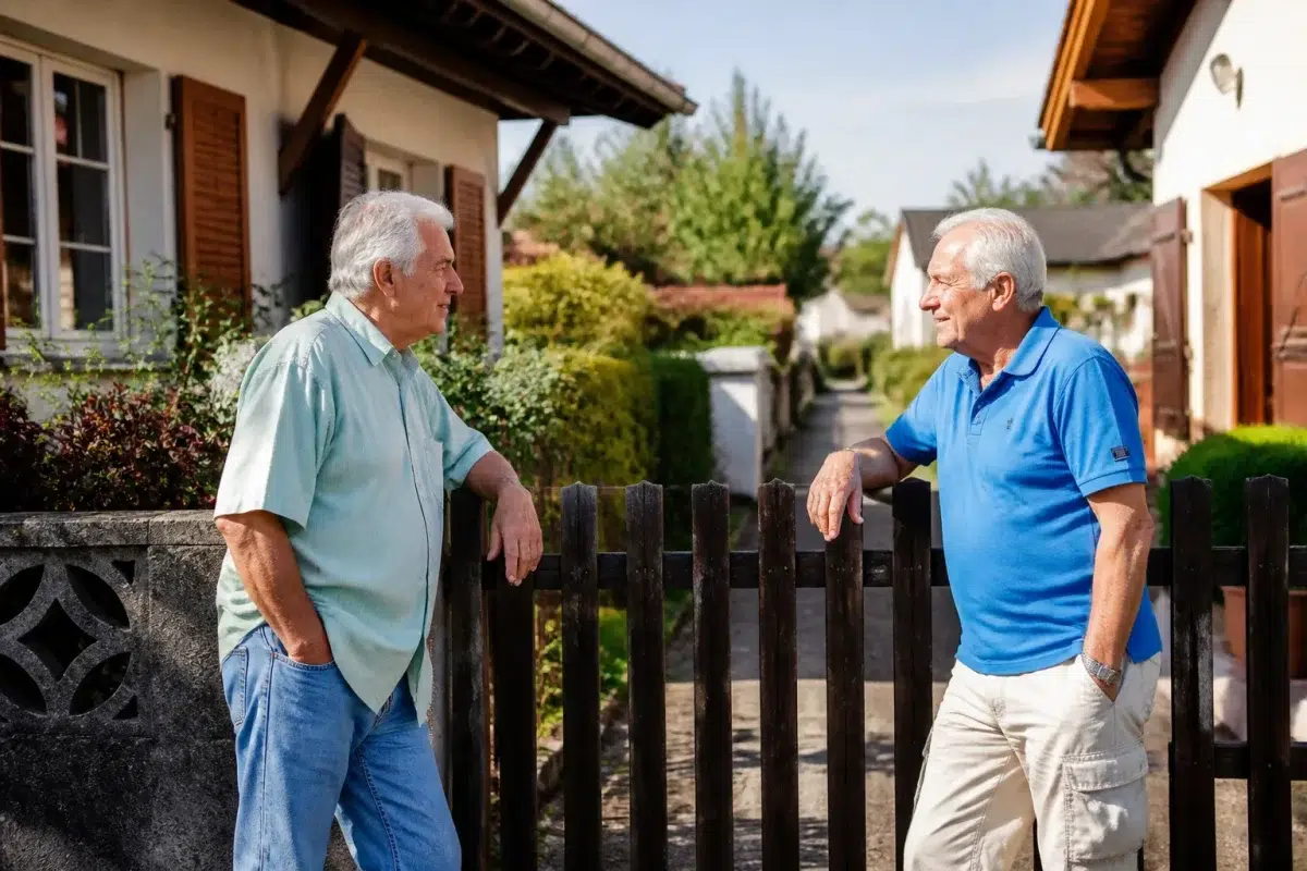 Deux voisins discutent calmement devant leurs maisons respectives