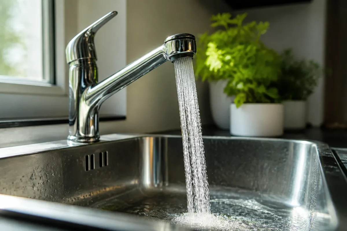 Robinet ouvert laissant couler l'eau abondamment pendant le rinçage