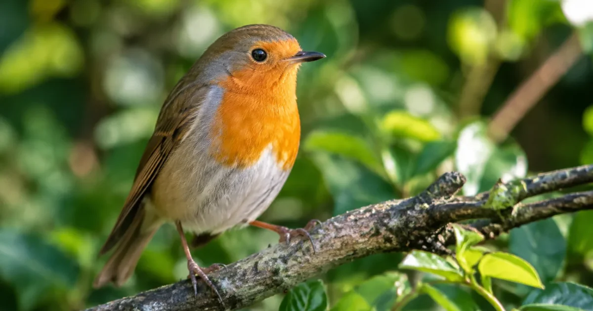 Petit oiseau roux perche sur branche basse du jardin