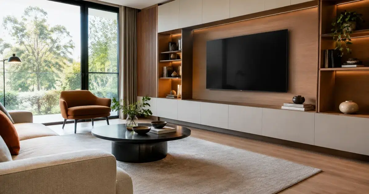 Salon minimaliste avec meubles bas et rangements muraux integres