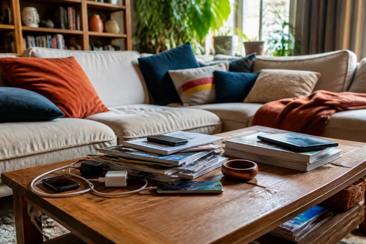 Salon encombré avec coussins, magazines et chargeurs visibles sur table basse
