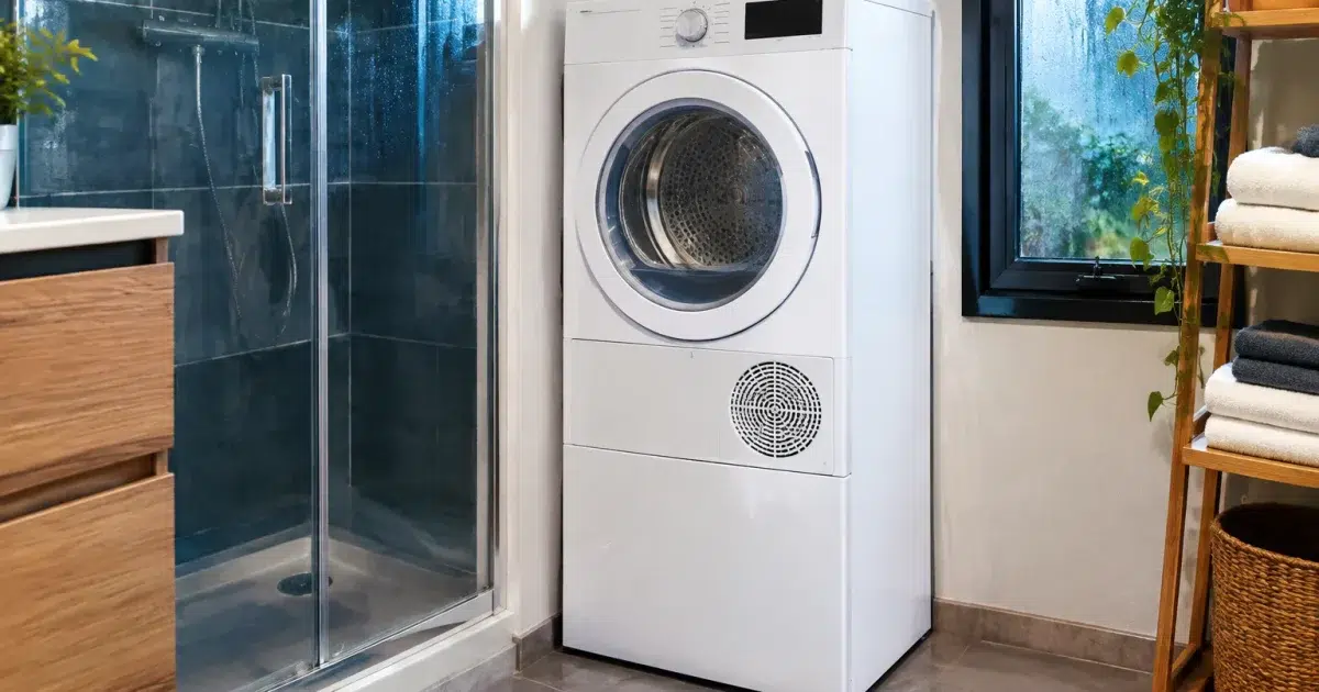 Seche-linge compact blanc positionne verticalement dans chambre humide
