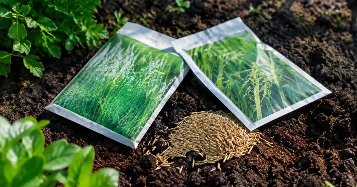 Sachets de semences de graminées posés sur terre humide de jardin