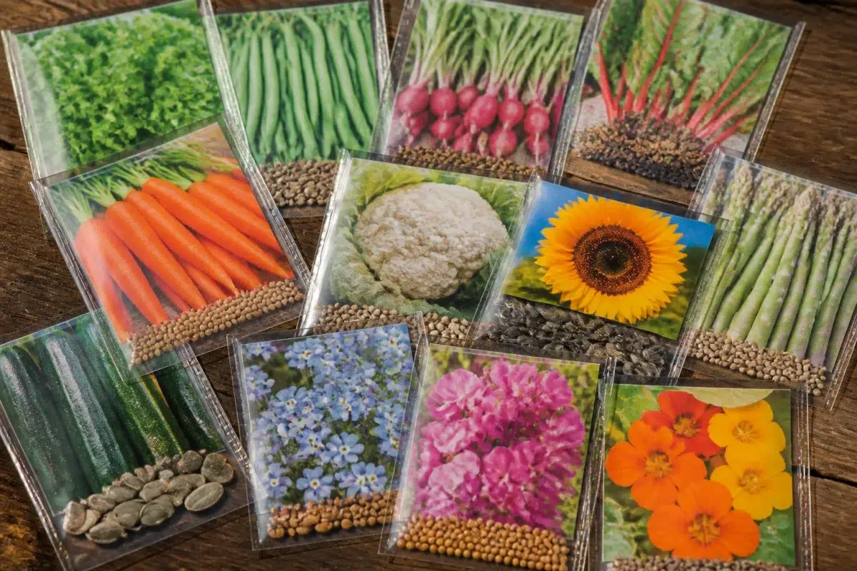 Sachets de graines colorés avec informations taux germination visibles