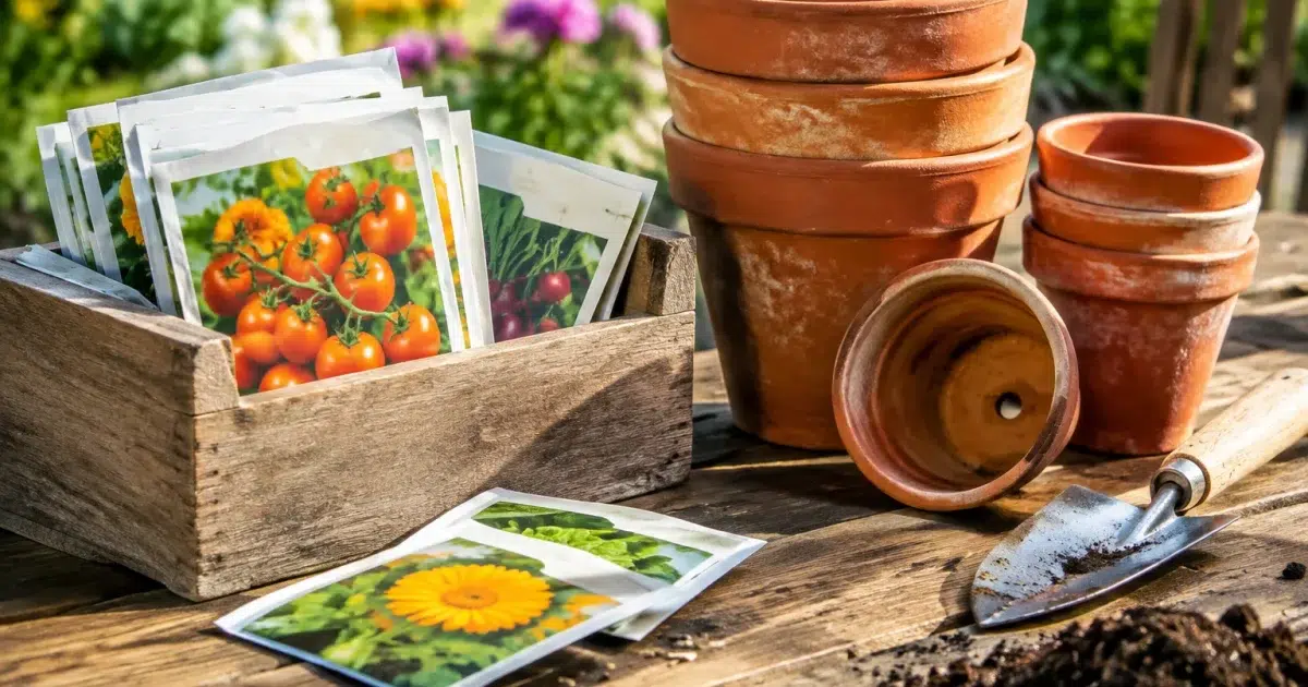 Sachets de semences et pots de terre empiles sur table de jardin