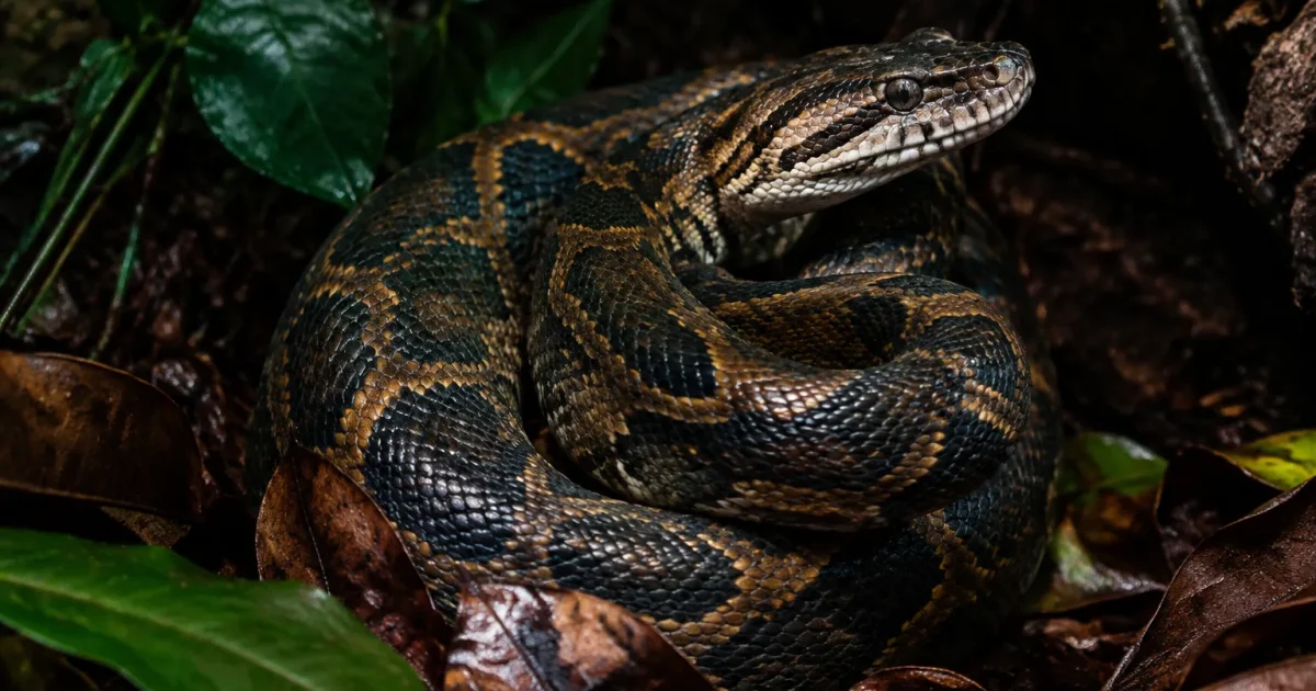 Serpent enroule sous bois coin sombre