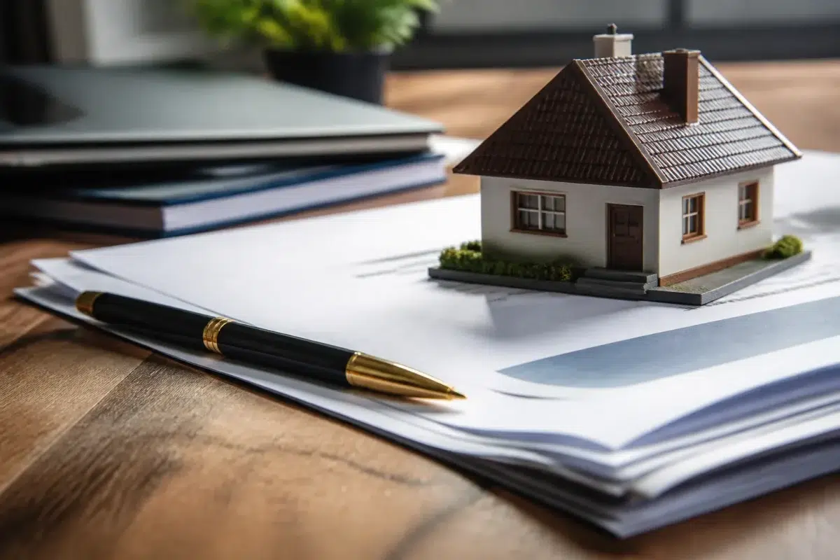 Documents immobiliers sur table avec stylo et maison miniature