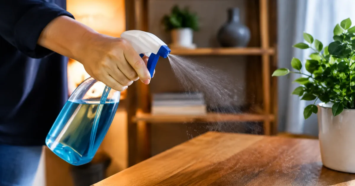 Main pulverisant un spray pres d une table interieure