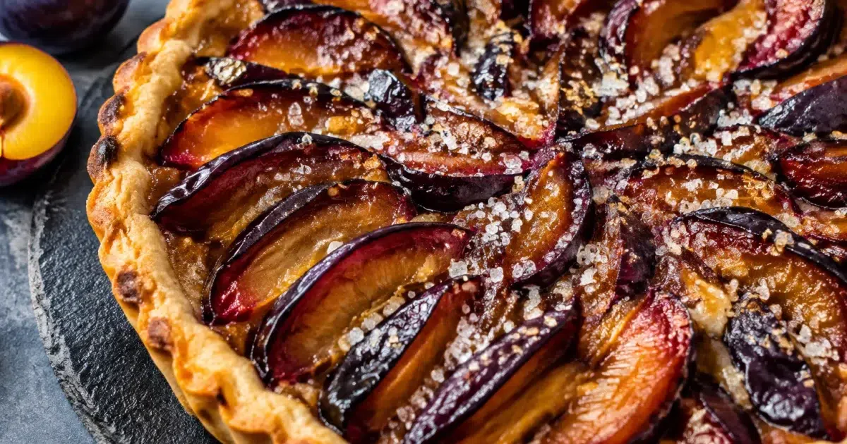 Main versant du sucre cristallisé sur fond de tarte aux prunes