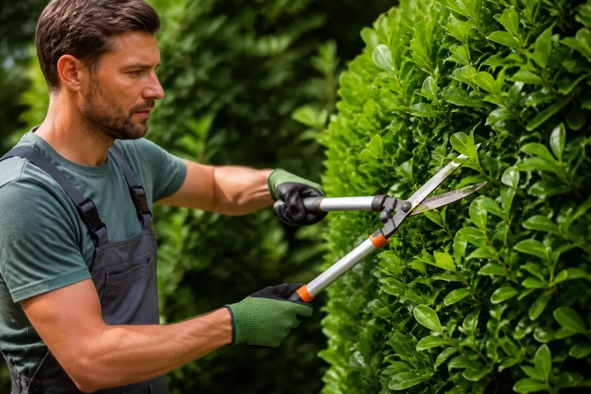 Jardinier taillant haie dense verte avec cisailles professionnelles