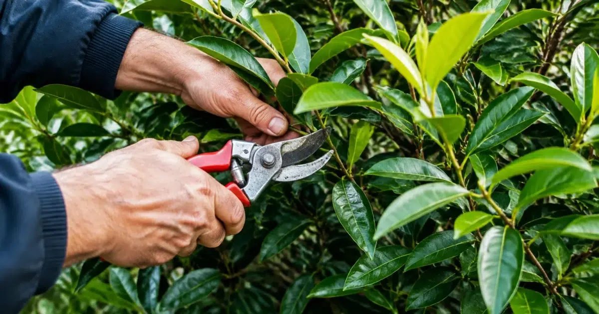 Mains tenant sécateur taillant branche de laurier dense à hauteur moyenne
