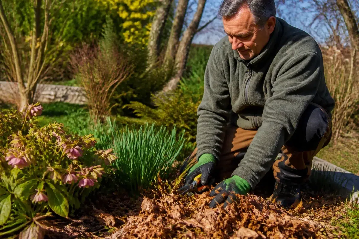 Jardinier coupe feuilles mortes brunes en début printemps