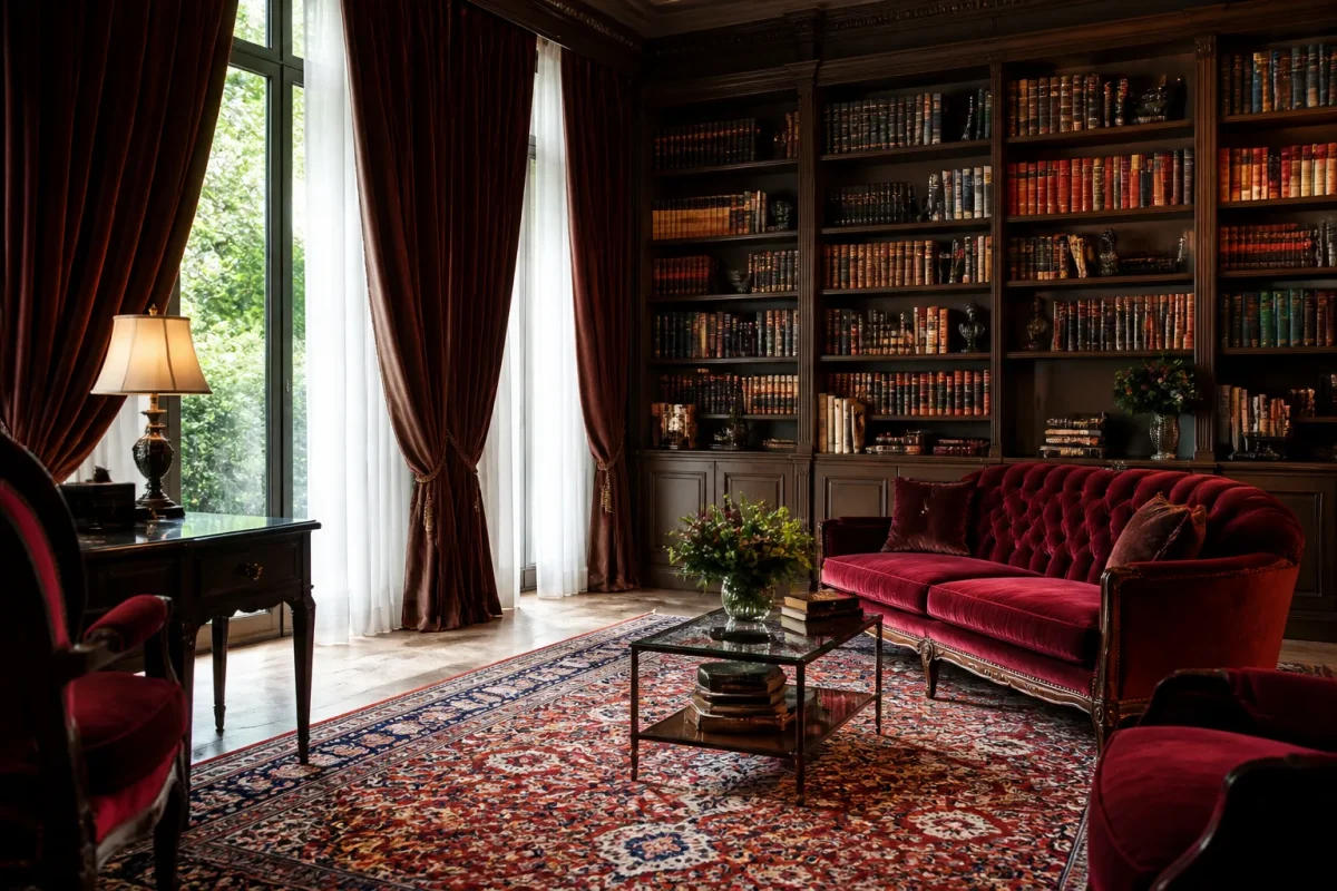 Tapis epais, rideaux lourds, livres sur bibliotheque