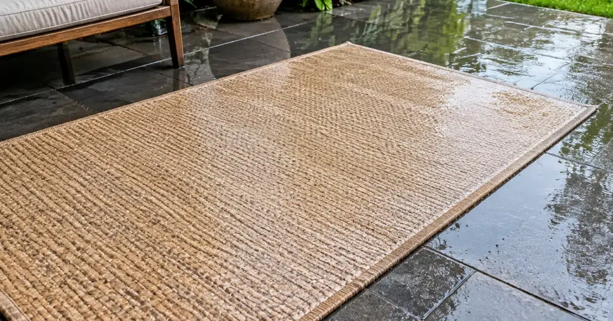 Tapis naturel beige posé sur terrasse mouillée par pluie