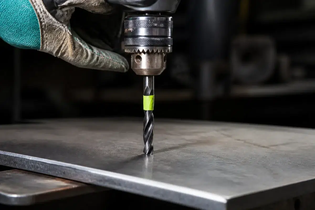 Perceuse avec ruban adhesif marquant profondeur sur metal