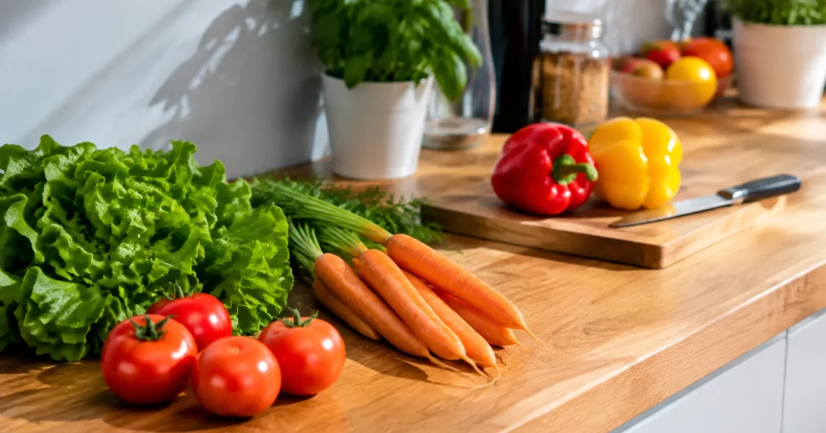 Plan de travail moderne avec aliments posés directement dessus sans plaque