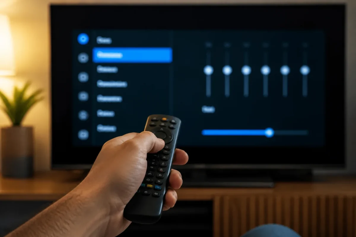 Main avec telecommande televiseur affichage menu parametres son