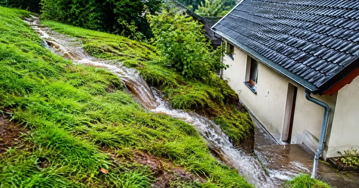 Terrain sureleve avec eau s'ecoulant vers maison voisine en contrebas