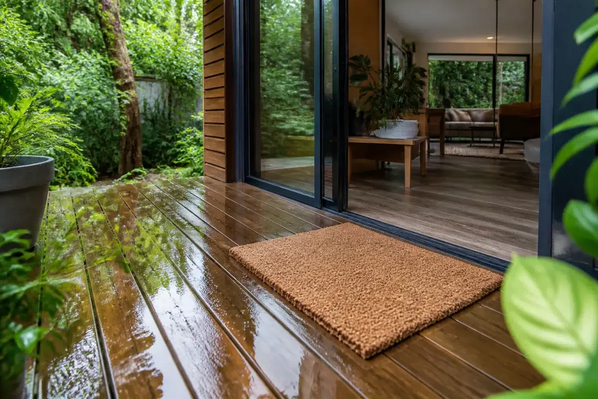 Terrasse bois mouille avec tapis fibre coco naturel