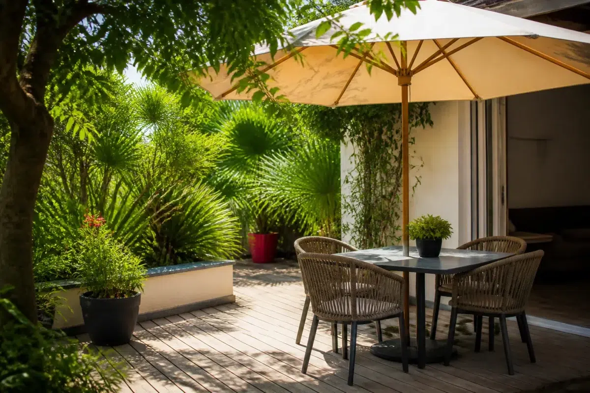 Terrasse pale avec parasol et plantes ombrageant la surface