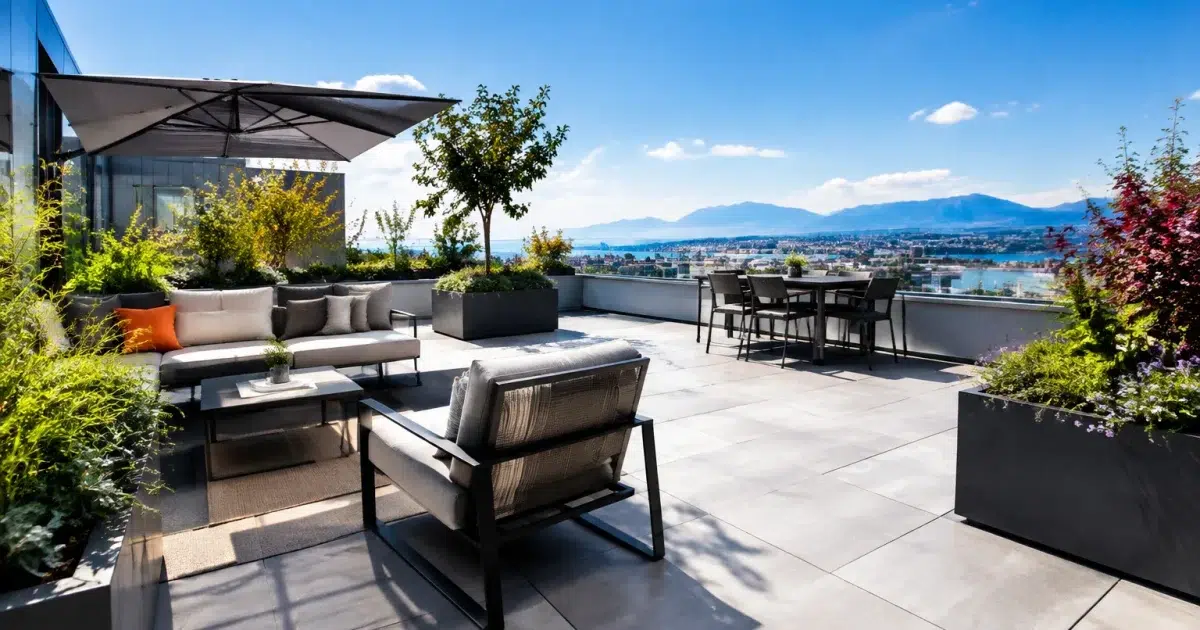 Terrasse moderne avec modules de vegetation et mobilier disperses sur dalle
