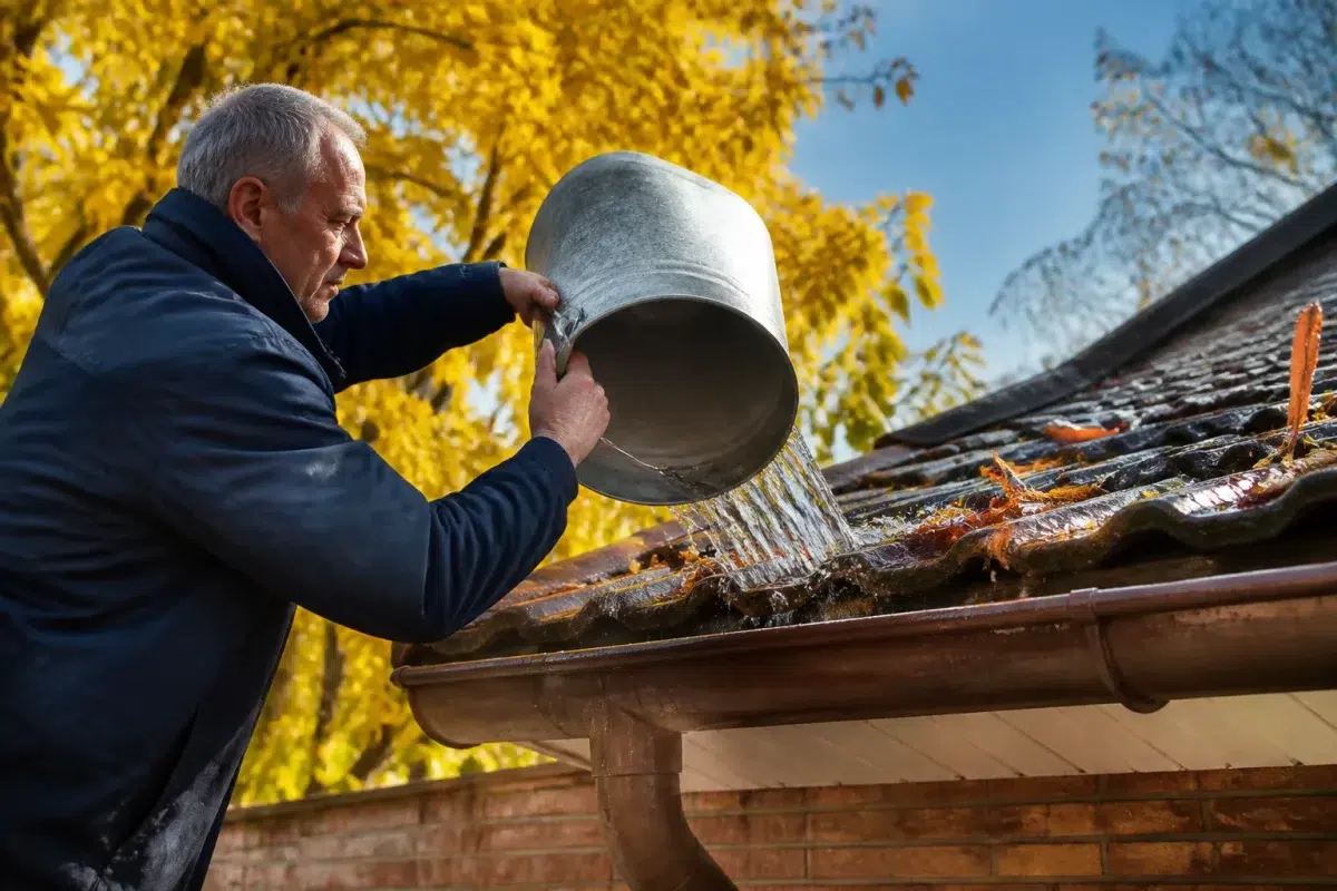 Personne versant eau seau toit gouttière automne