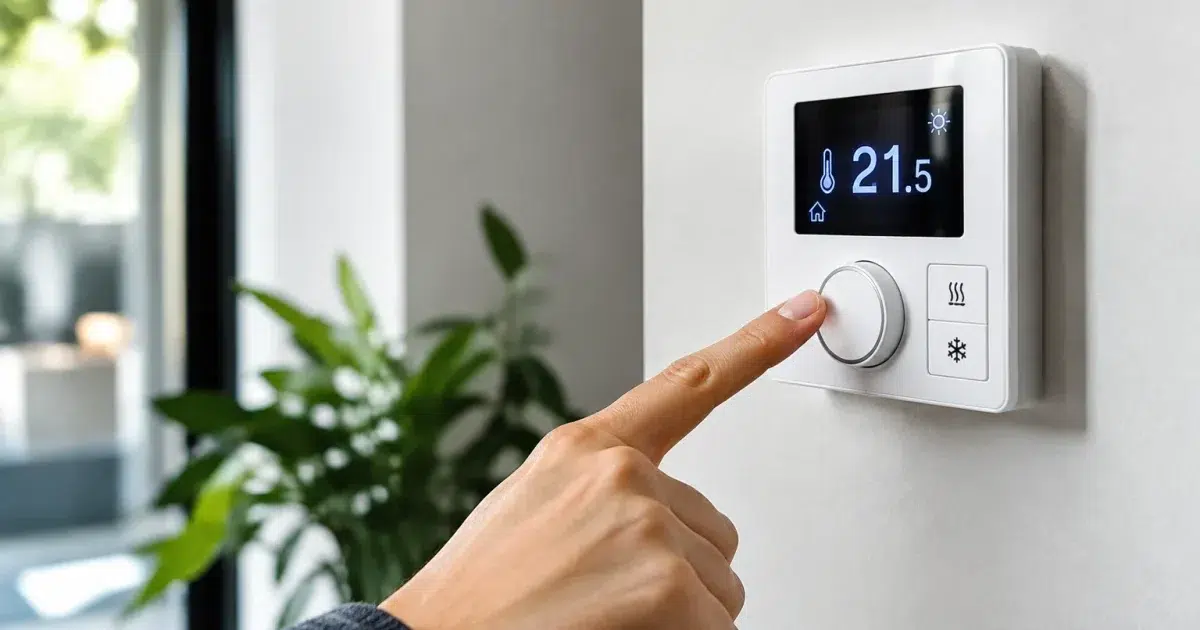 Thermostat mural affichant temperature, main pointant vers bouton chauffage