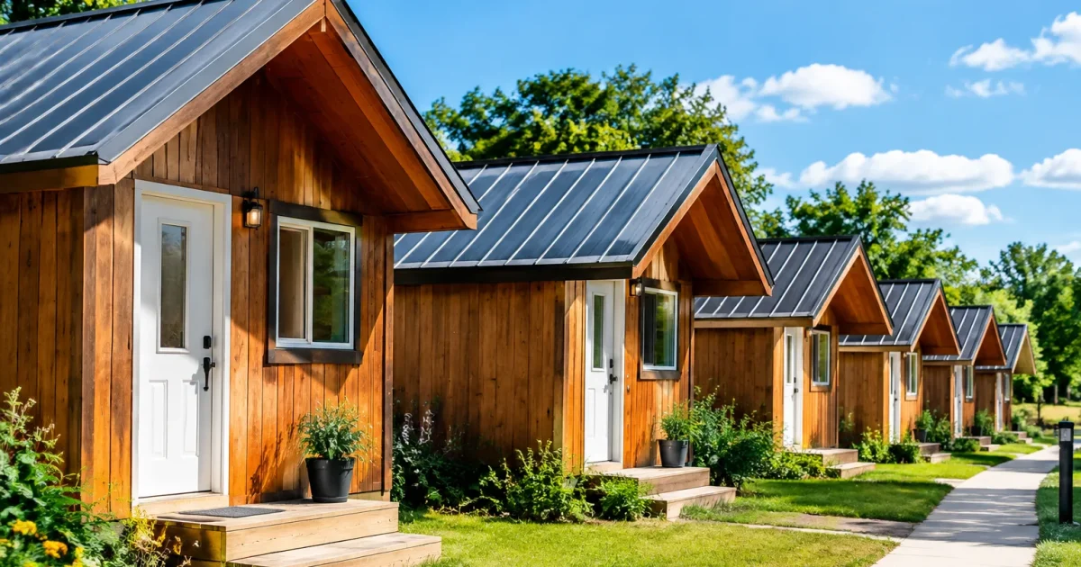 Petites maisons individuelles alignees accueillant residents sans logis