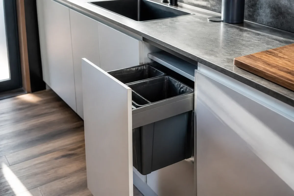 Tiroir poubelle coulissant installé sous plan travail cuisine