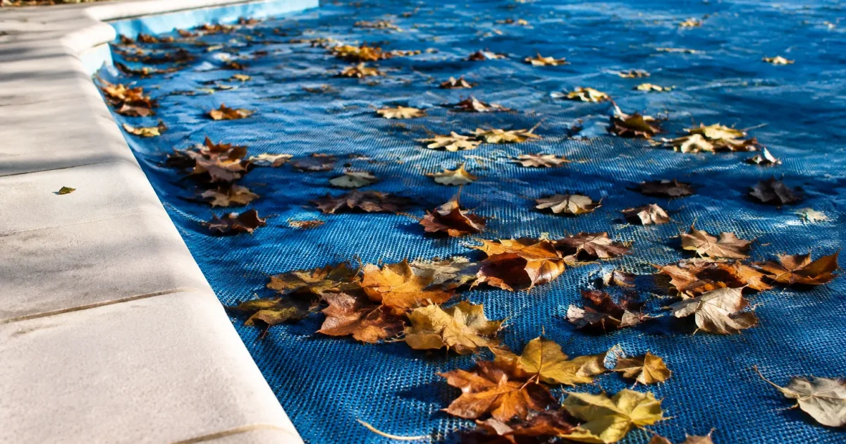 Toile piscine etendue retient feuilles automne seches