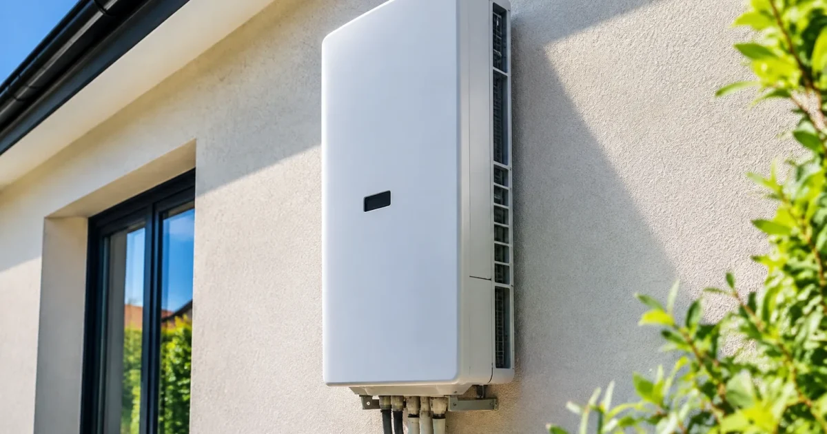 Unite chauffage boitier blanc montee verticalement mur exterieur