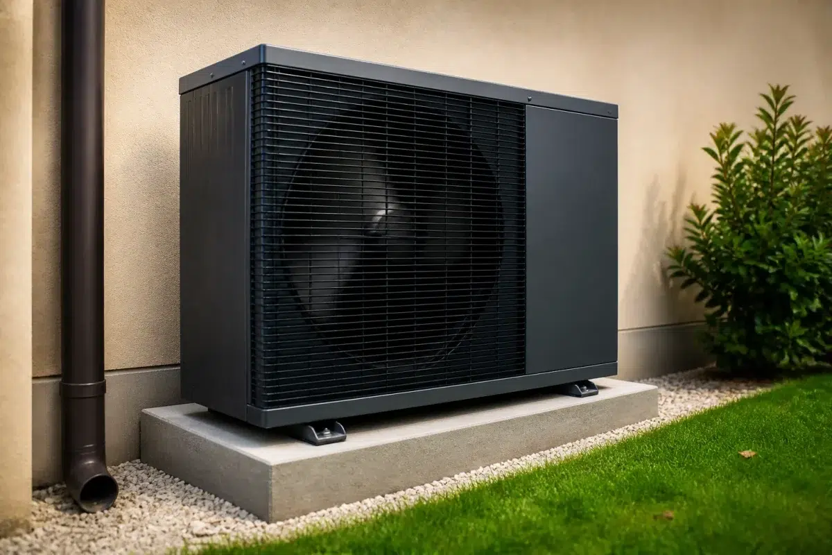 Unite exterieure climatisation installee au sol avec isolation acoustique