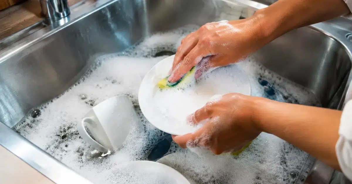 Mains plongees dans eau savonneuse remplissant evier cuisine